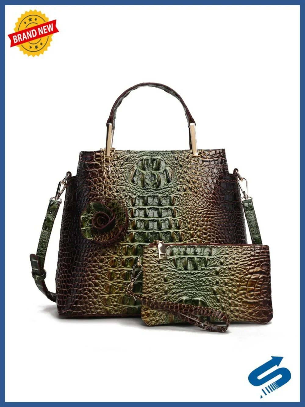 2-Piece Tote Bag Set with Wallet, Crocodile Print, Large Structured Shoulder